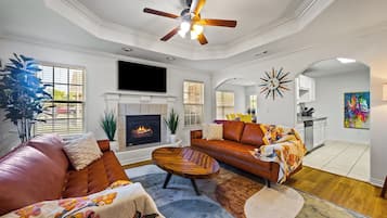 Smart TV, fireplace, foosball, table tennis