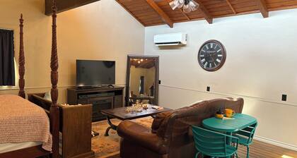 Cozy vineyard studio with peaceful pond views.