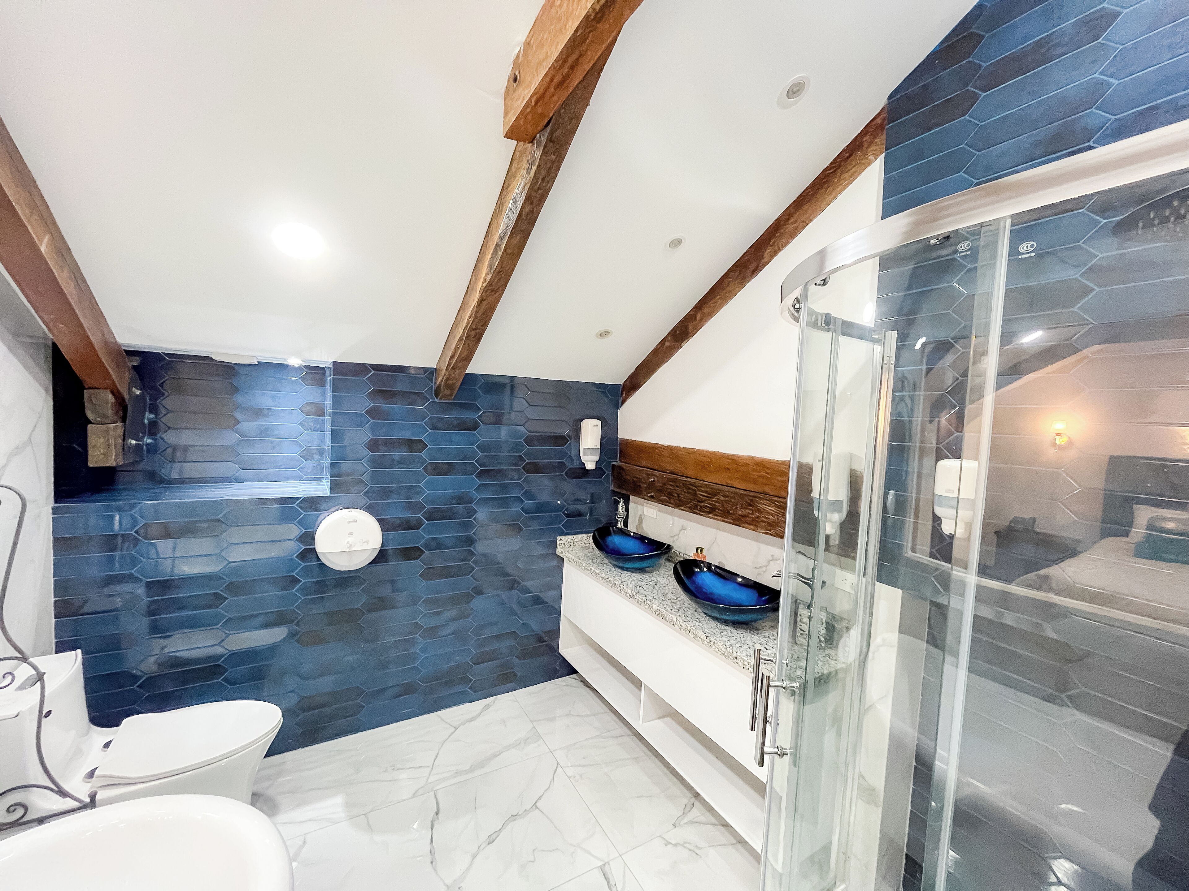 Een moderne badkamer met een glazen douchecabine, een wit toilet en een wastafel met twee blauwe kommen.