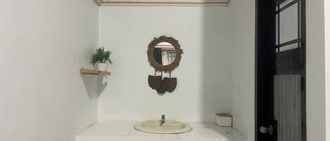 A bathroom with a white vanity, a mirror with a decorative frame, a potted plant on a shelf, and a black door.