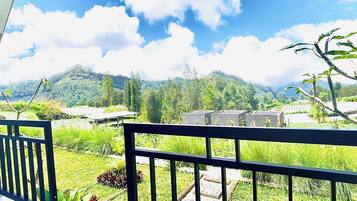 A balcony with a view of a mountainous landscape, a garden area with various plants, and a few solar panels.
