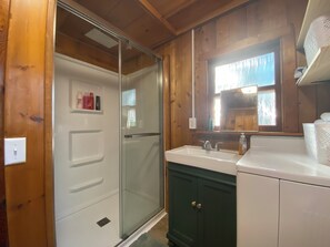 Shower, towels, soap, shampoo