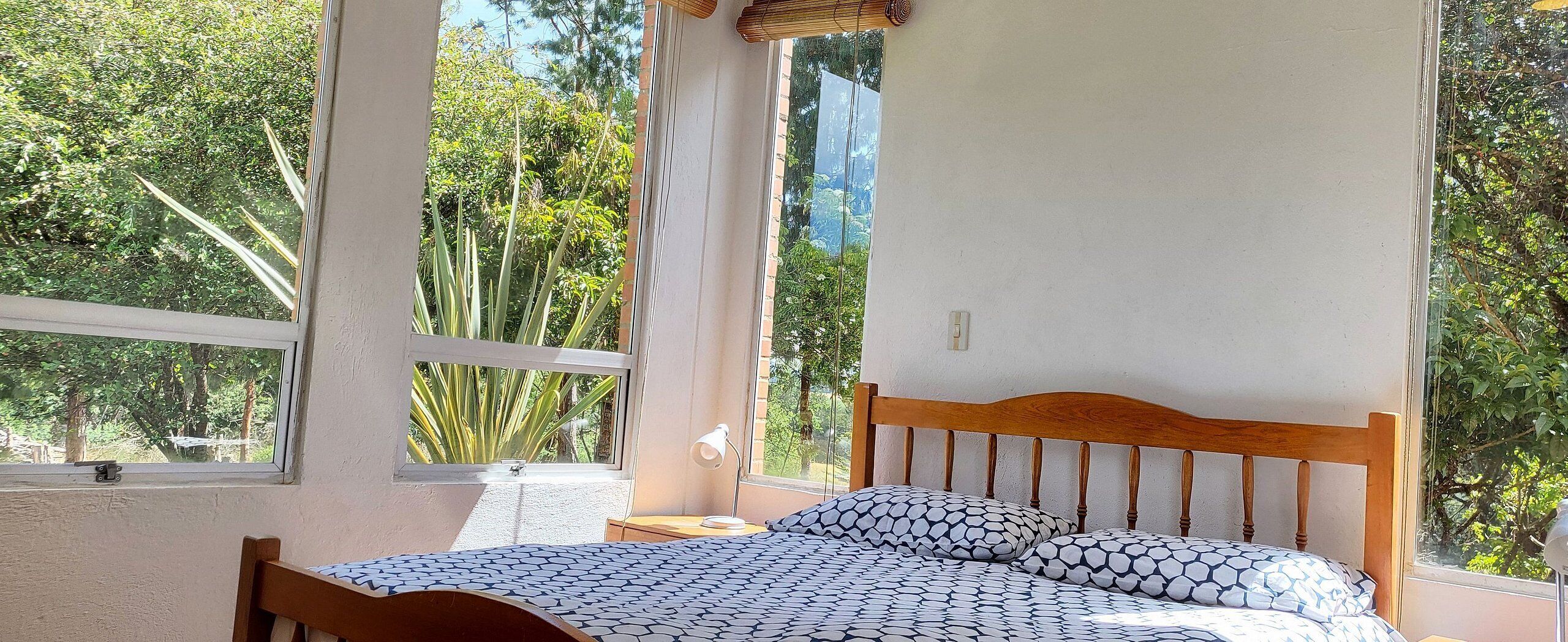 Une chambre à coucher avec une tête de lit en bois, une couvre-lit à motifs et une table de chevet avec une lampe. De grandes fenêtres offrent une vue sur la verdure environnante.