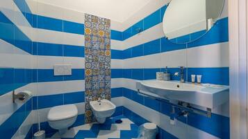 Shower, hair dryer, bidet, towels