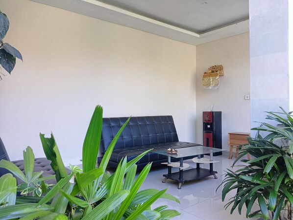 A modern living room with a black sofa, a glass coffee table, and various green plants.