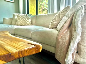 Smart TV, fireplace, books, stereo