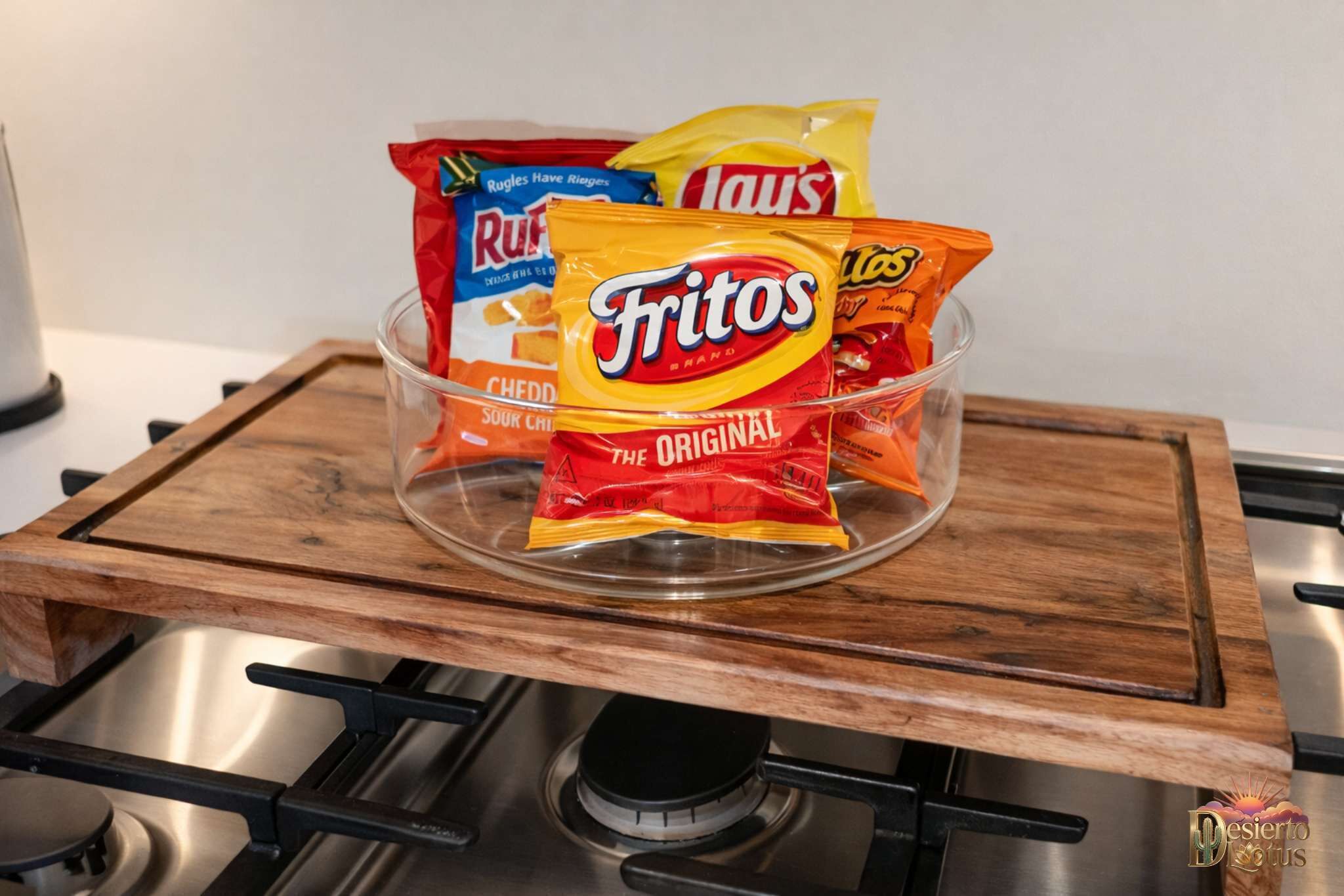 A glass bowl on a wooden tray over a stove, containing various bags of chips.