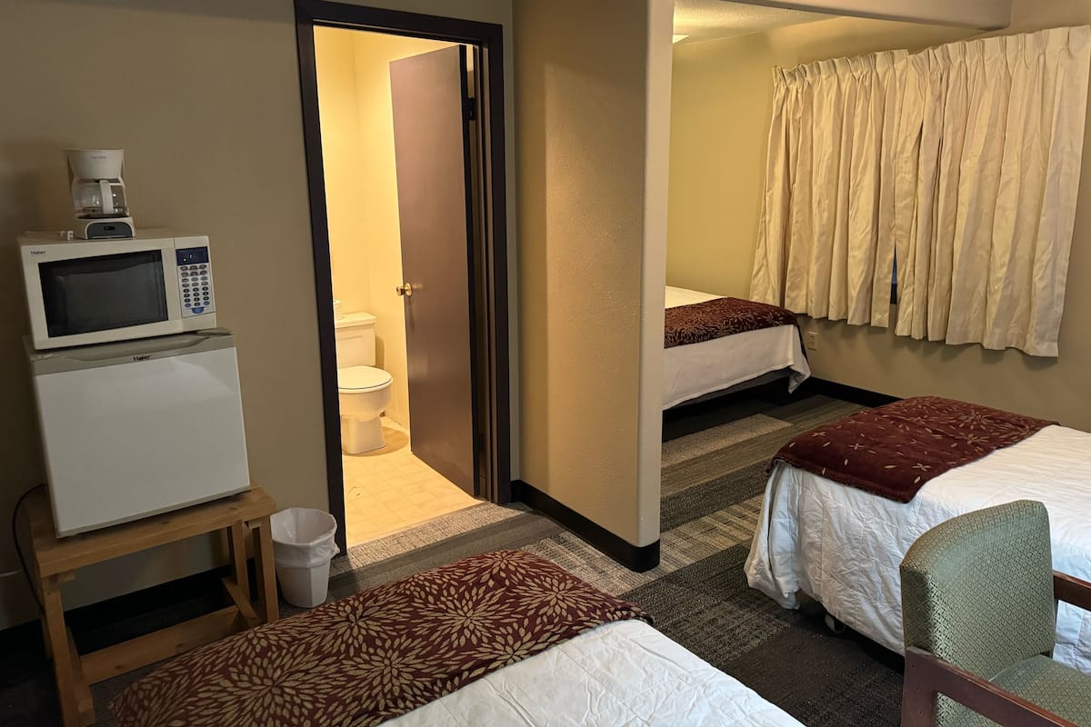 A hotel room with a microwave on a small table, a bed with a patterned bedspread, a second bed with a plain bedspread, a bathroom with a toilet, and a shower curtain.
