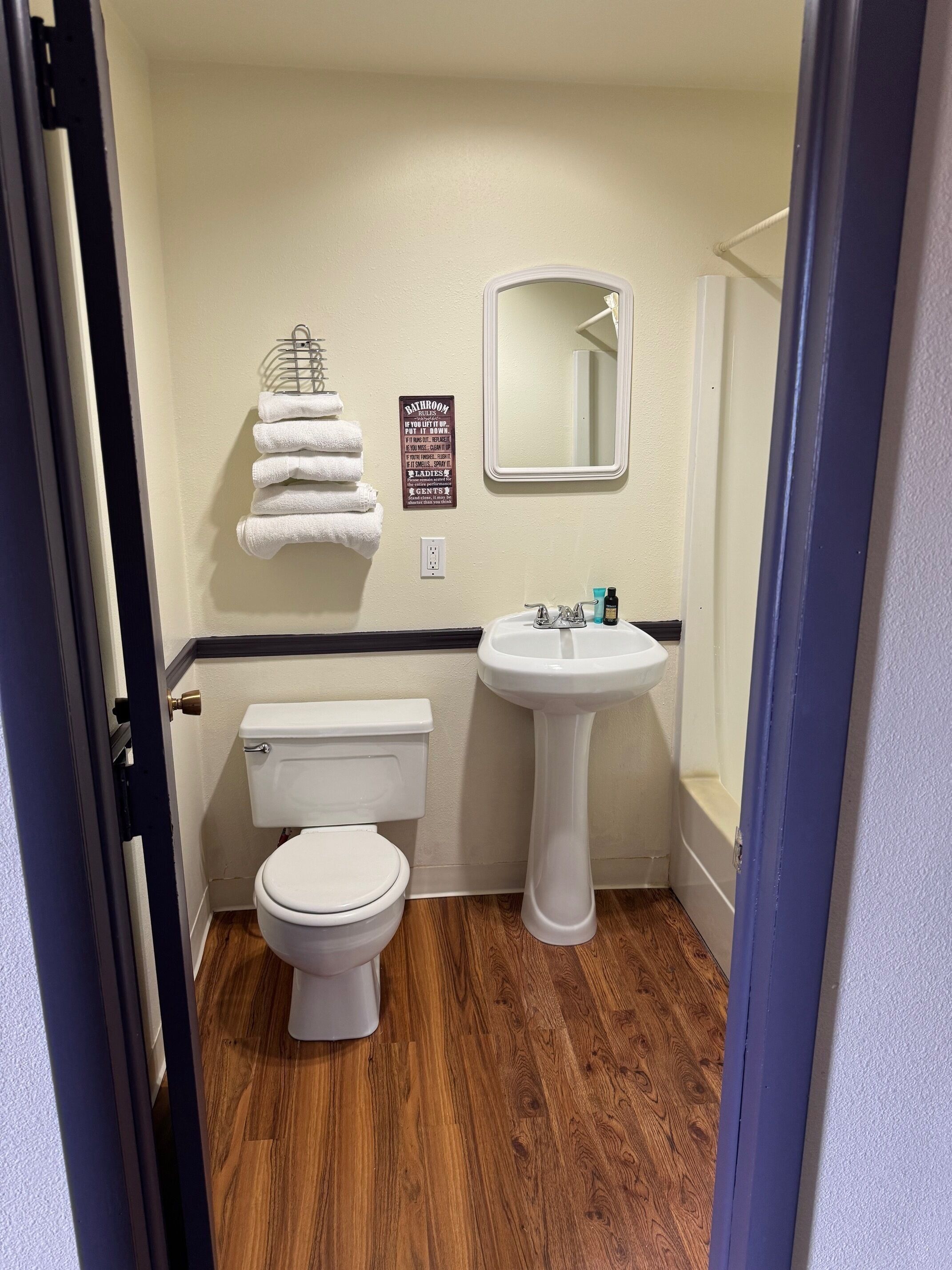 A bathroom with a toilet, sink, and a towel rack.