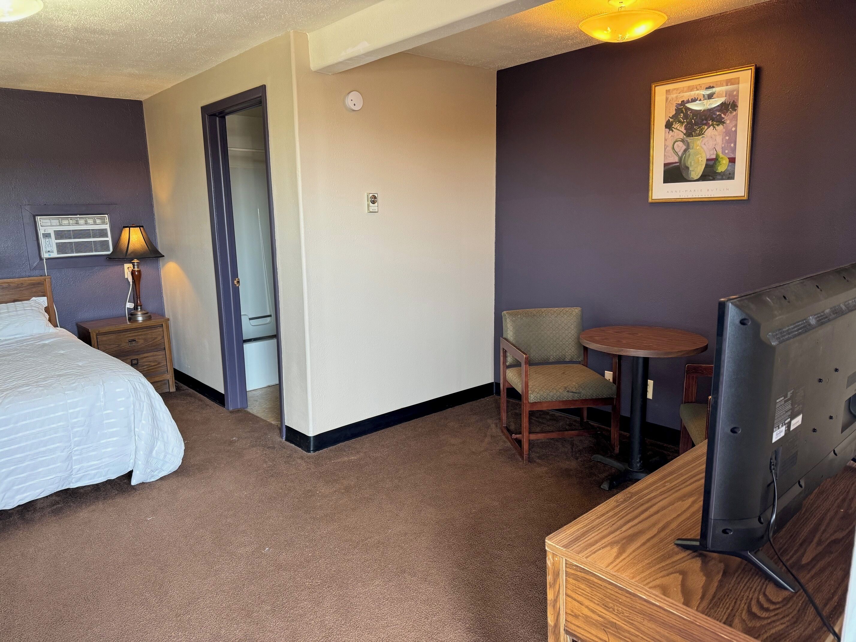 Une chambre d’hôtel avec un lit, un bureau, une chaise, une télévision et un tableau encadré au mur.