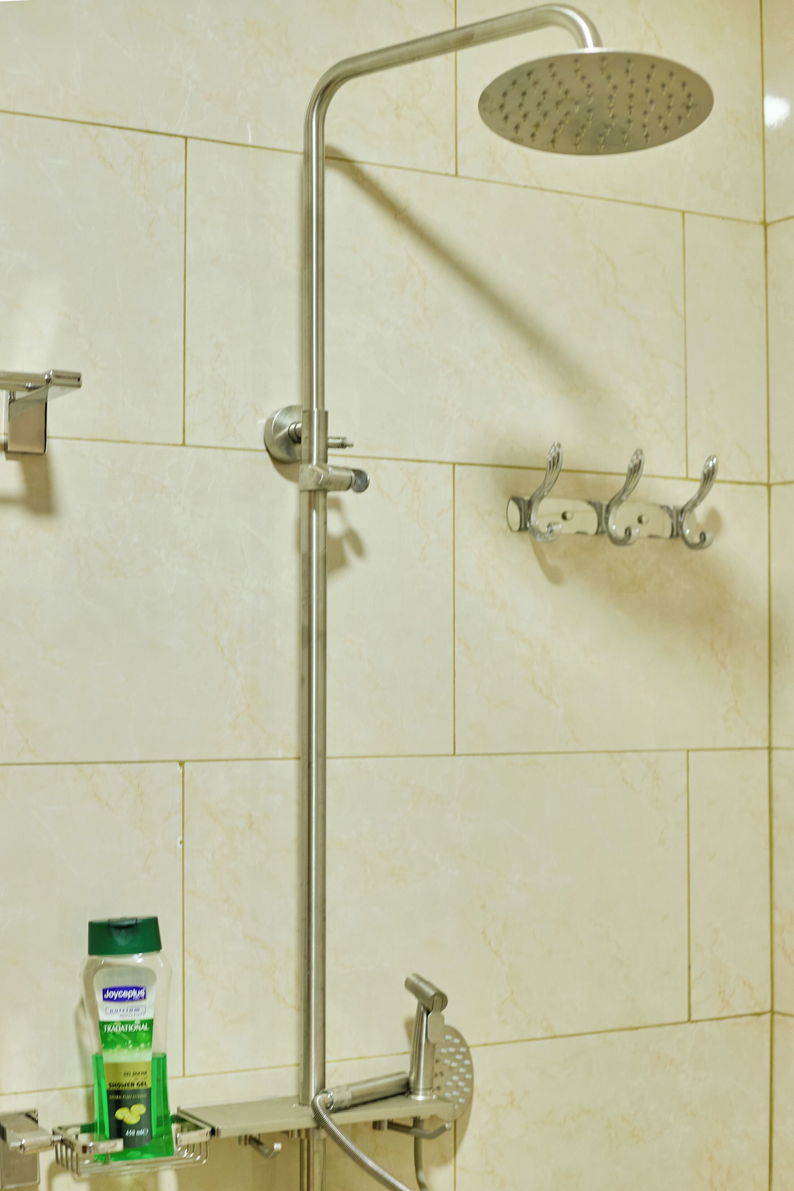 Una ducha con cabezal de ducha de mano y un cabezal de ducha tipo lluvia instalado en la pared.