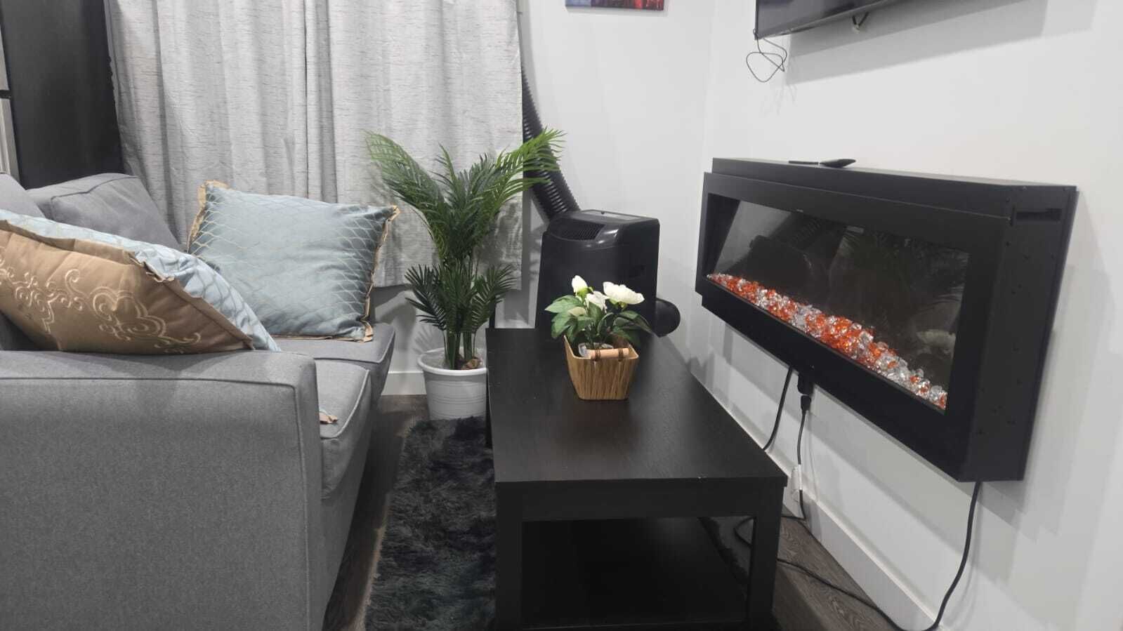 Smart TV, fireplace, computer monitors, printers