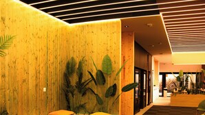 Ein modernes Interieur mit einer Holzwand, einer Sitzecke mit Kissen und einem karierten Teppich.
