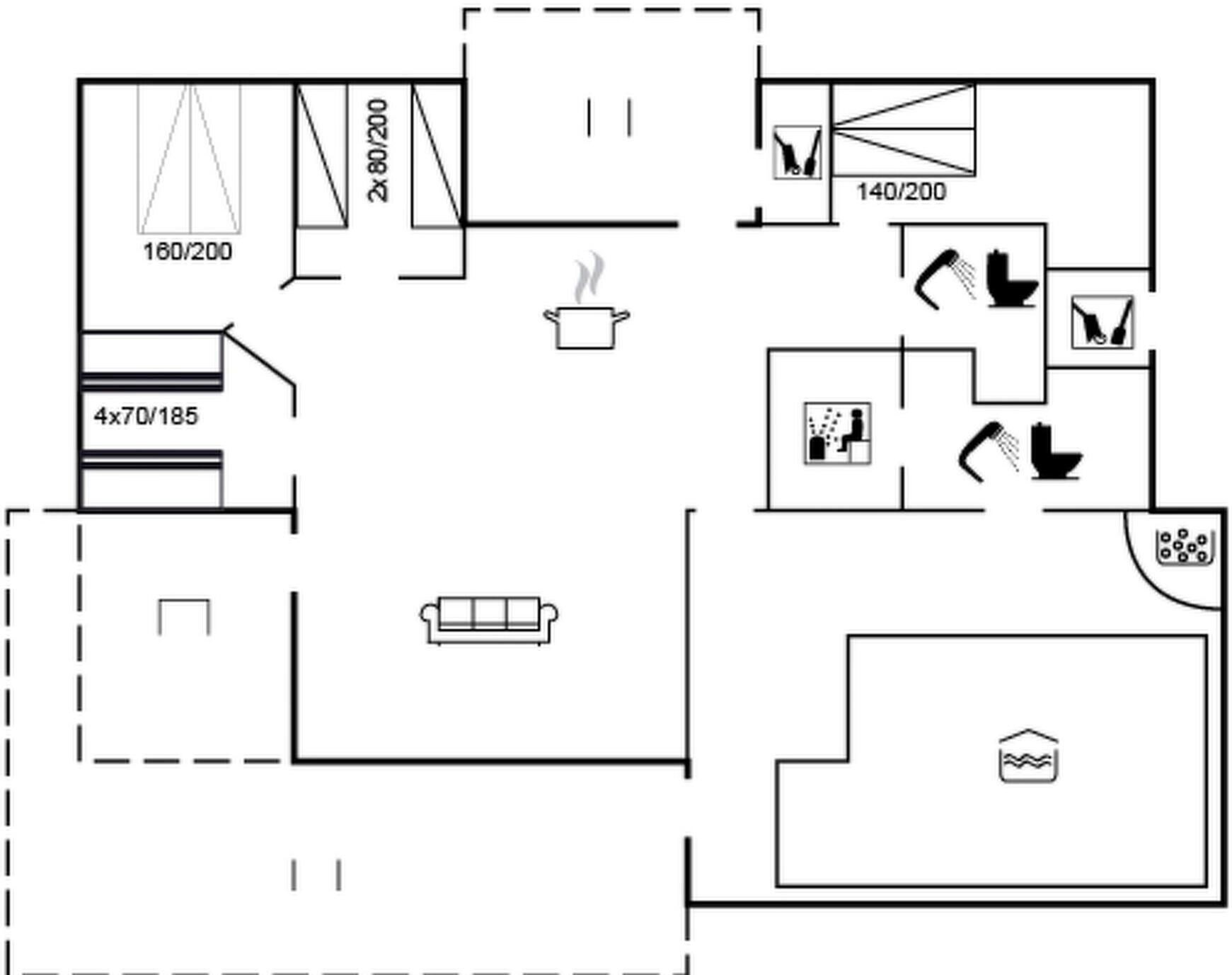 A floor plan with a kitchen, dining area, and a bathroom.