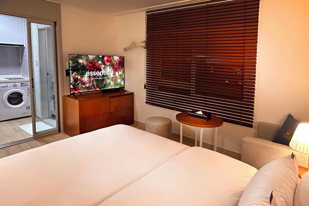 Une chambre d’hôtel avec un lit, une télévision, une petite table, une lampe et une vue sur une buanderie.