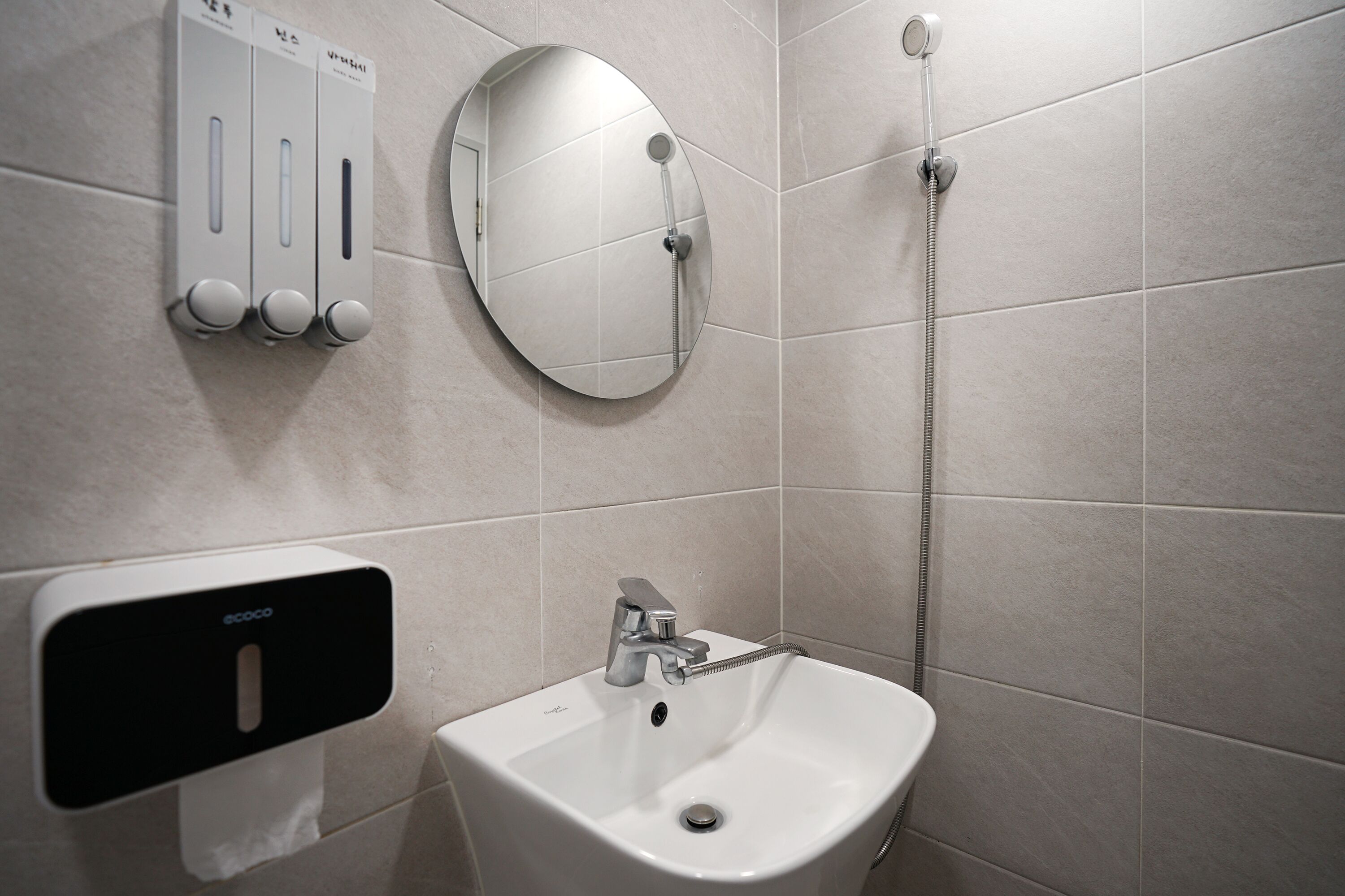 A bathroom with a sink, a mirror, and a handheld showerhead.
