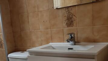 Een haardroger, handdoeken, toiletpapier