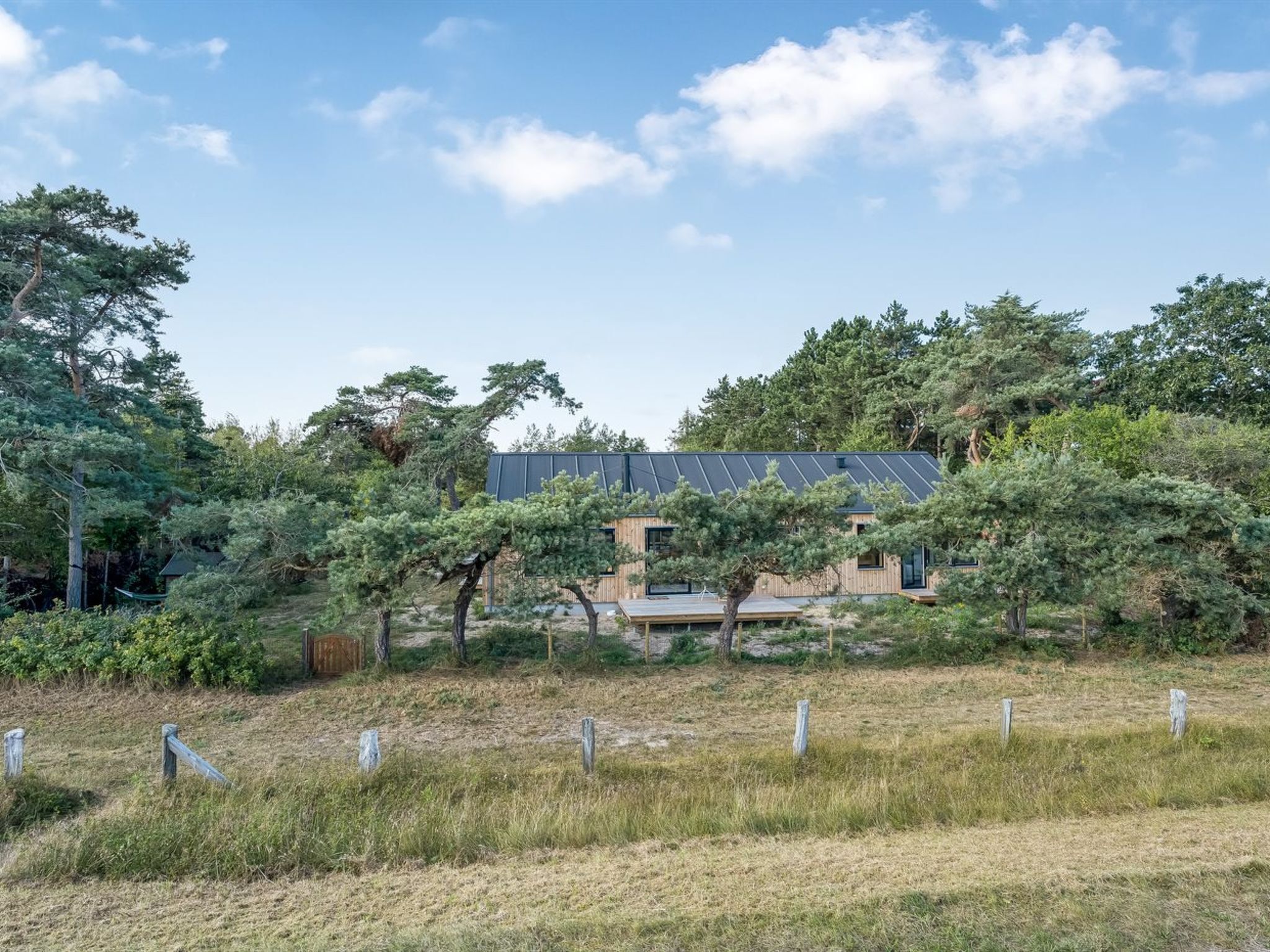 A modern house with a sloped roof, surrounded by dense trees and a fenced yard.