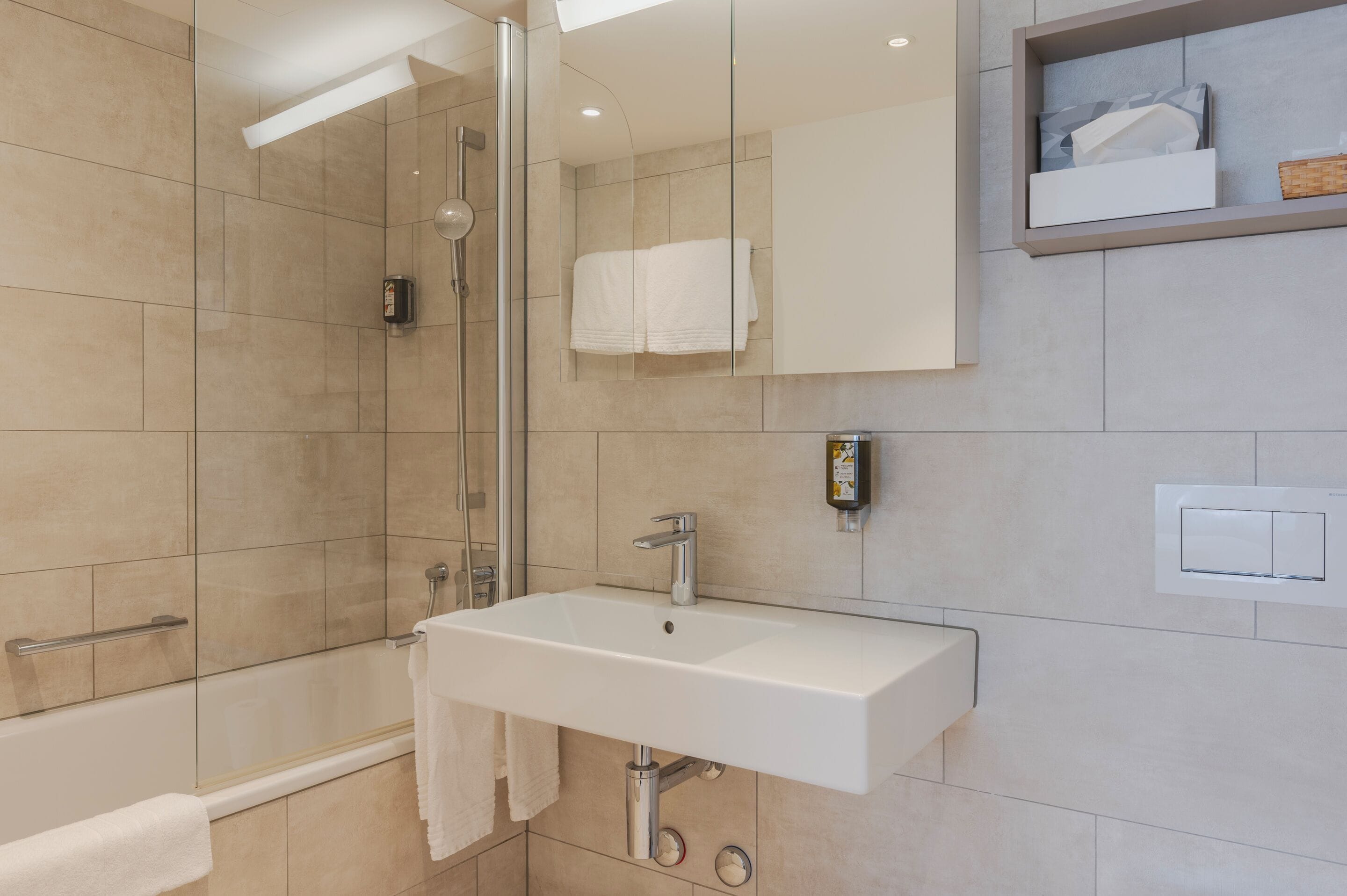 Ensemble douche/baignoire, sèche-cheveux, chaussons, serviettes fournies