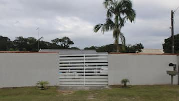 A gated area with a metal gate, a palm tree, and a white wall.