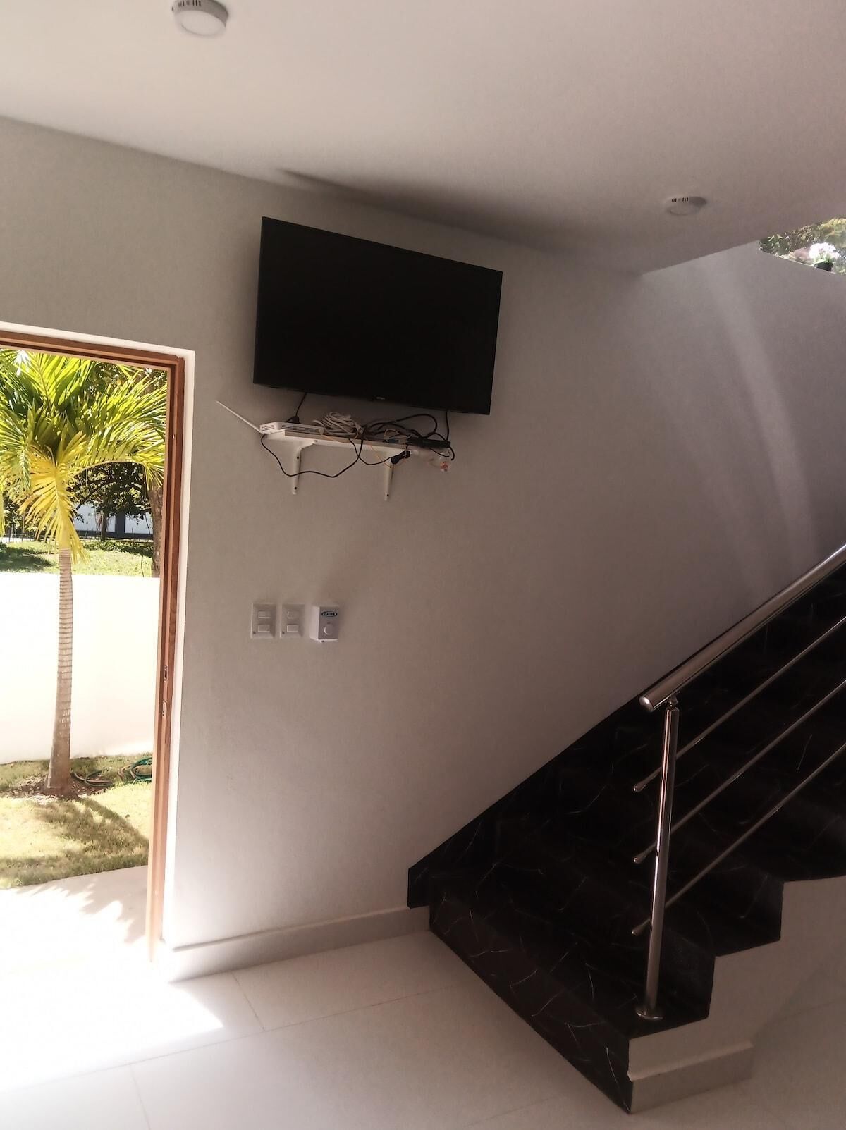 Un interior moderno con un televisor de pantalla plana montado en la pared, una escalera con barandilla negra y una puerta que da a un espacio exterior con una palmera.