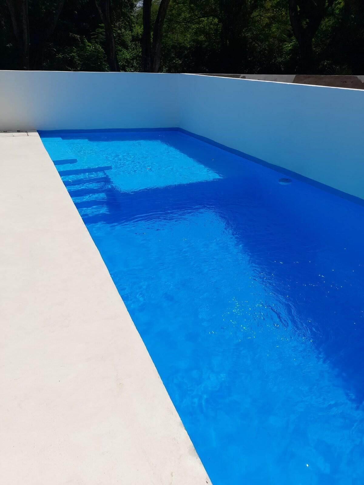 Et rektangulært pool med klart, blåt vand, omgivet af en hvid fliseterrasse og træer i baggrunden.