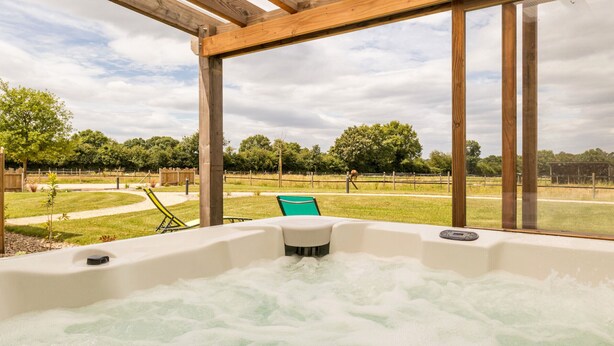 Un bain à remous sous une pergola en bois, avec vue sur un espace extérieur clos et des arbres.
