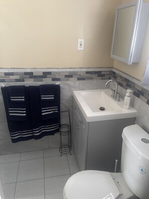 Secadora de cabello, toallas, jabón, shampoo 