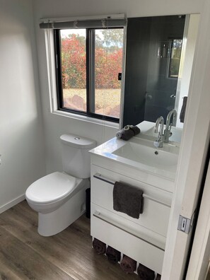 Douche, sèche-cheveux, serviettes fournies, savon