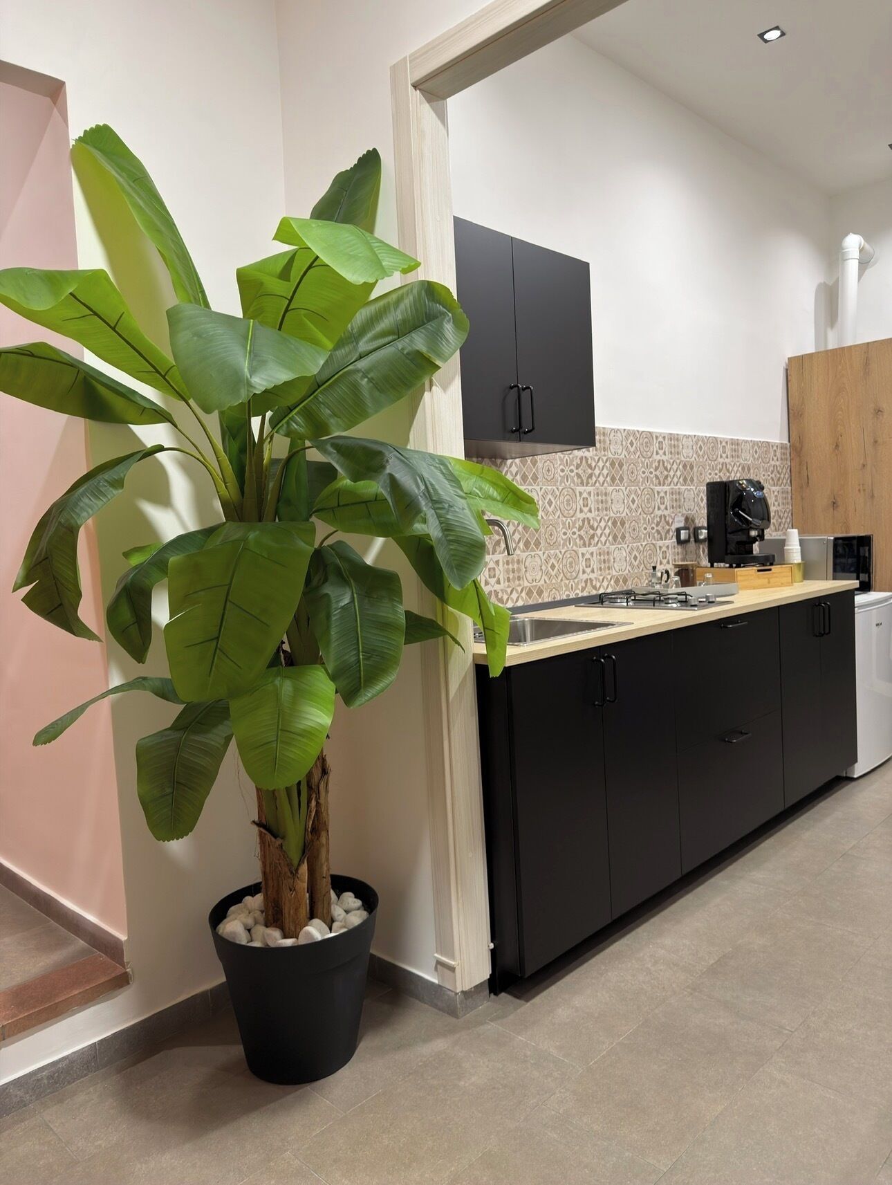 Mini-fridge, microwave, electric kettle