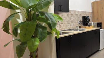 Mini-fridge, microwave, electric kettle