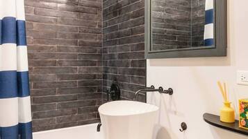 Hair dryer, towels, soap, shampoo