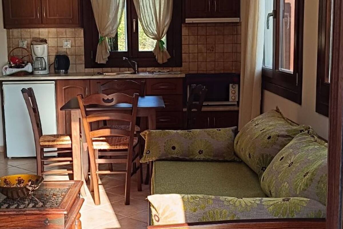 A compact living space with a kitchenette, a dining area, and a sofa.