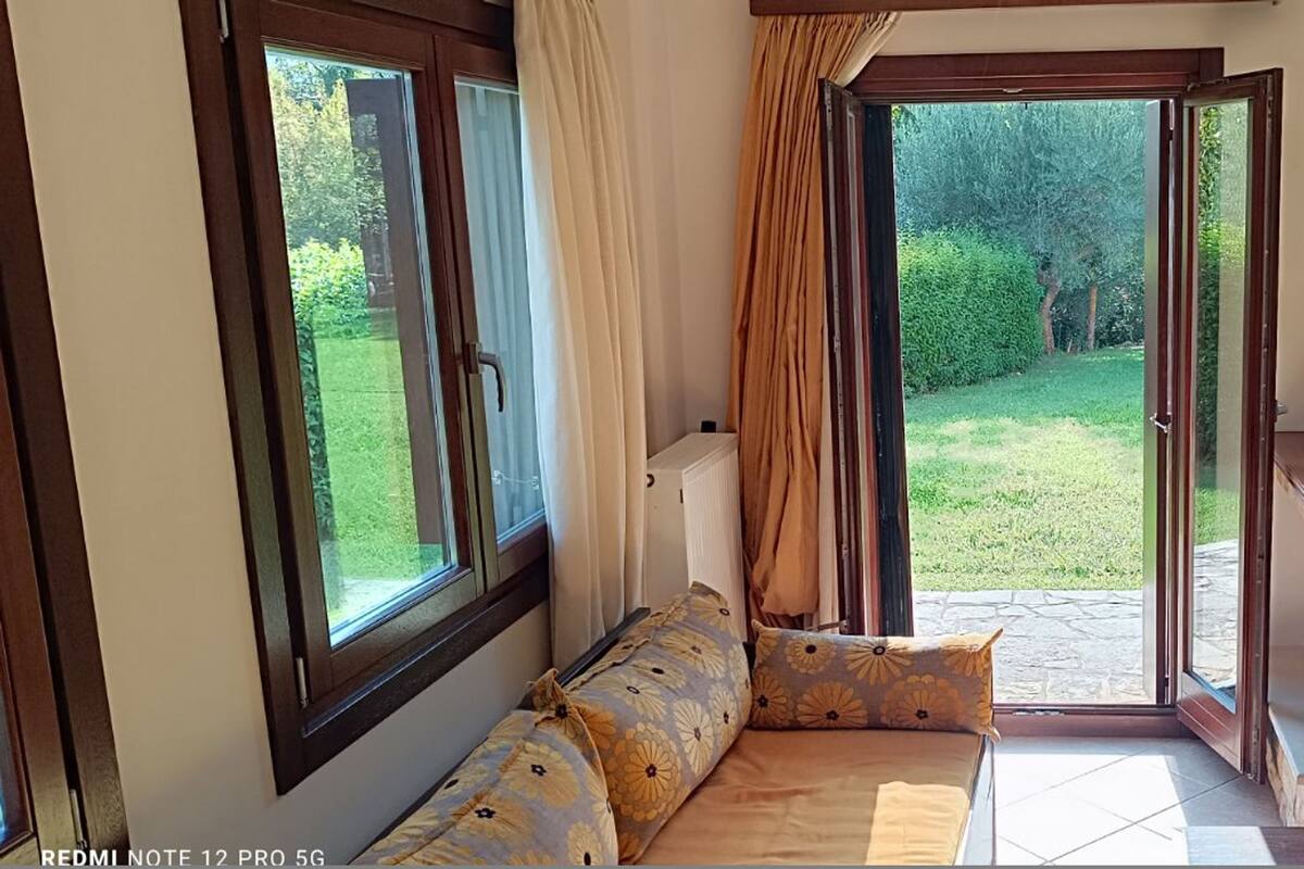 A cozy room with a sofa, a fireplace, and a view of the garden.