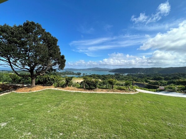 A grassy landscape with a large tree and a view of a lake and distant hills.