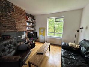 TV, DVD-spiller, bøker og stereoanlegg