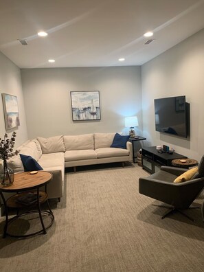Smart TV, fireplace, foosball