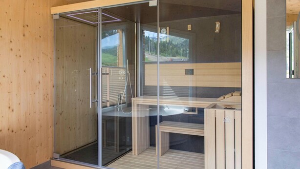 A modern bathroom with a glass shower enclosure, wooden flooring, and a visible outdoor view. - Majestic Chalet With Sauna (Sankt Georgen am Kreischberg)