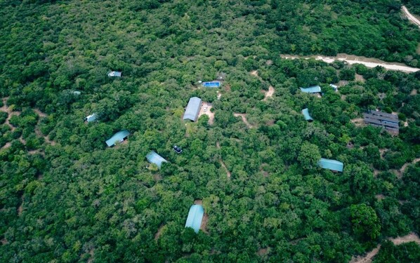 Une vue aérienne d’une zone boisée avec plusieurs bâtiments, dont une grande structure bleue et des bâtiments plus petits répartis un peu partout.