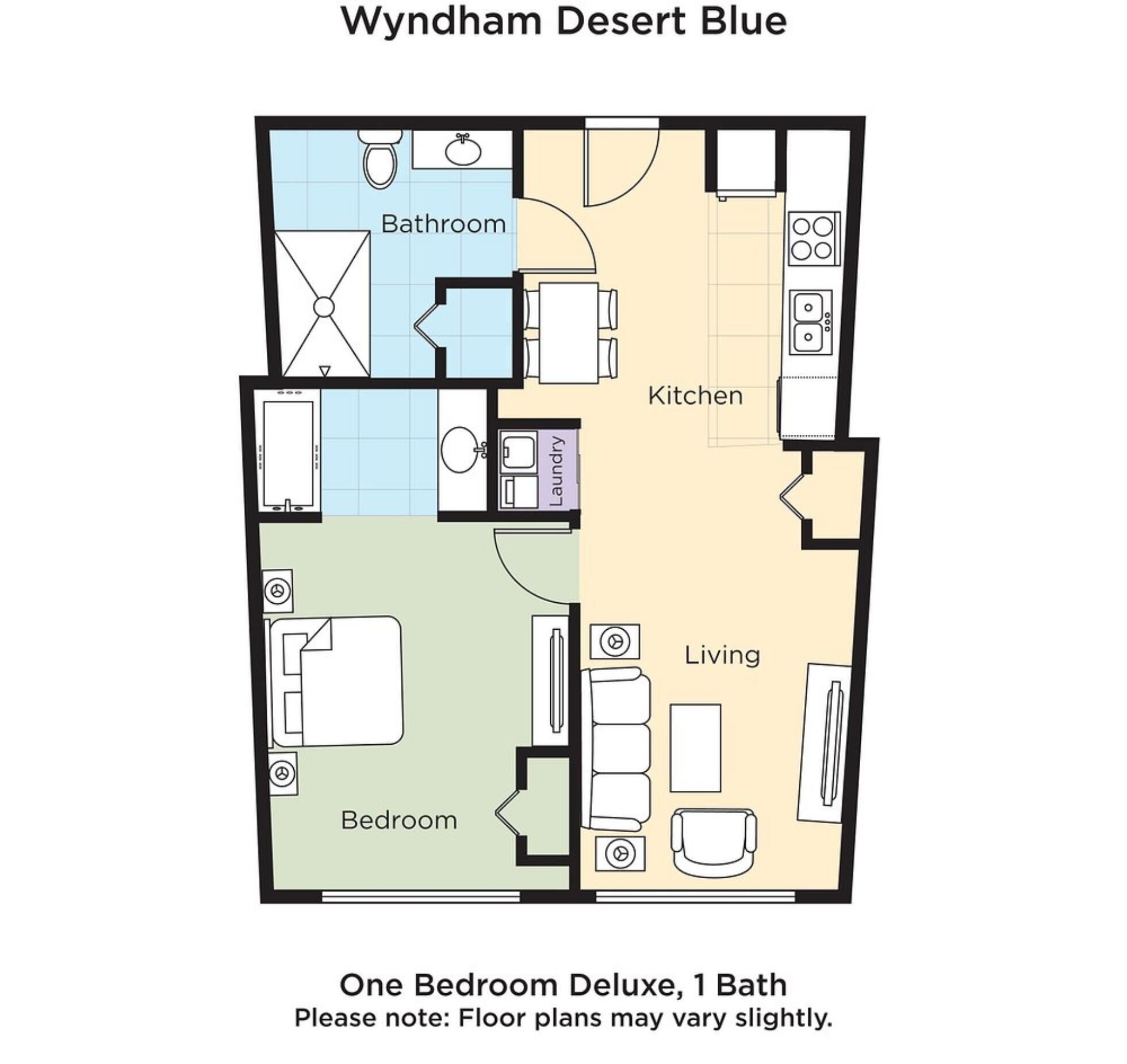 Eine luxuriöse Ein-Zimmer-Wohnung mit Bad, Küche, Wohnzimmer und Schlafzimmer.