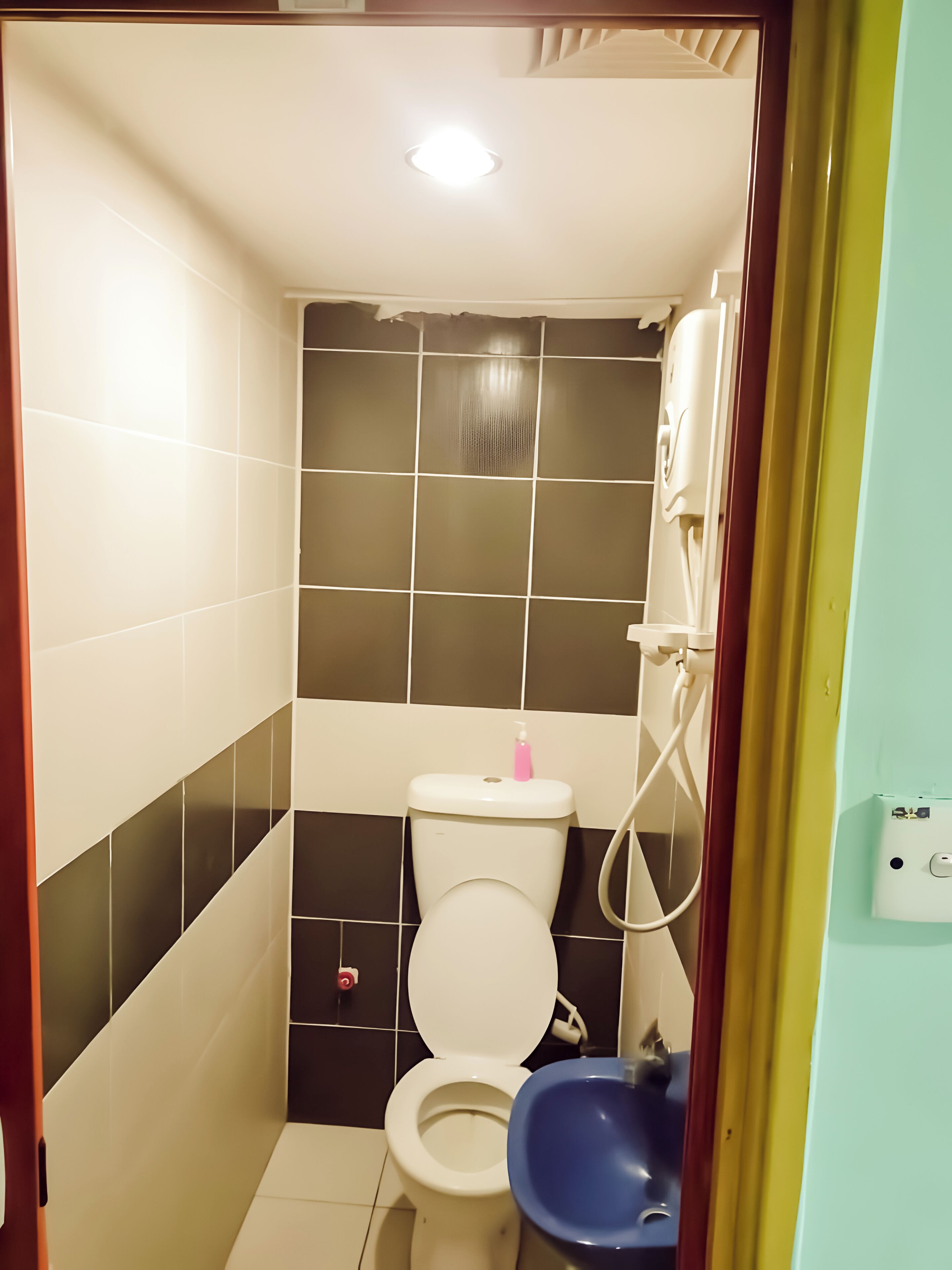 A small bathroom with a toilet, a sink, and a shower.