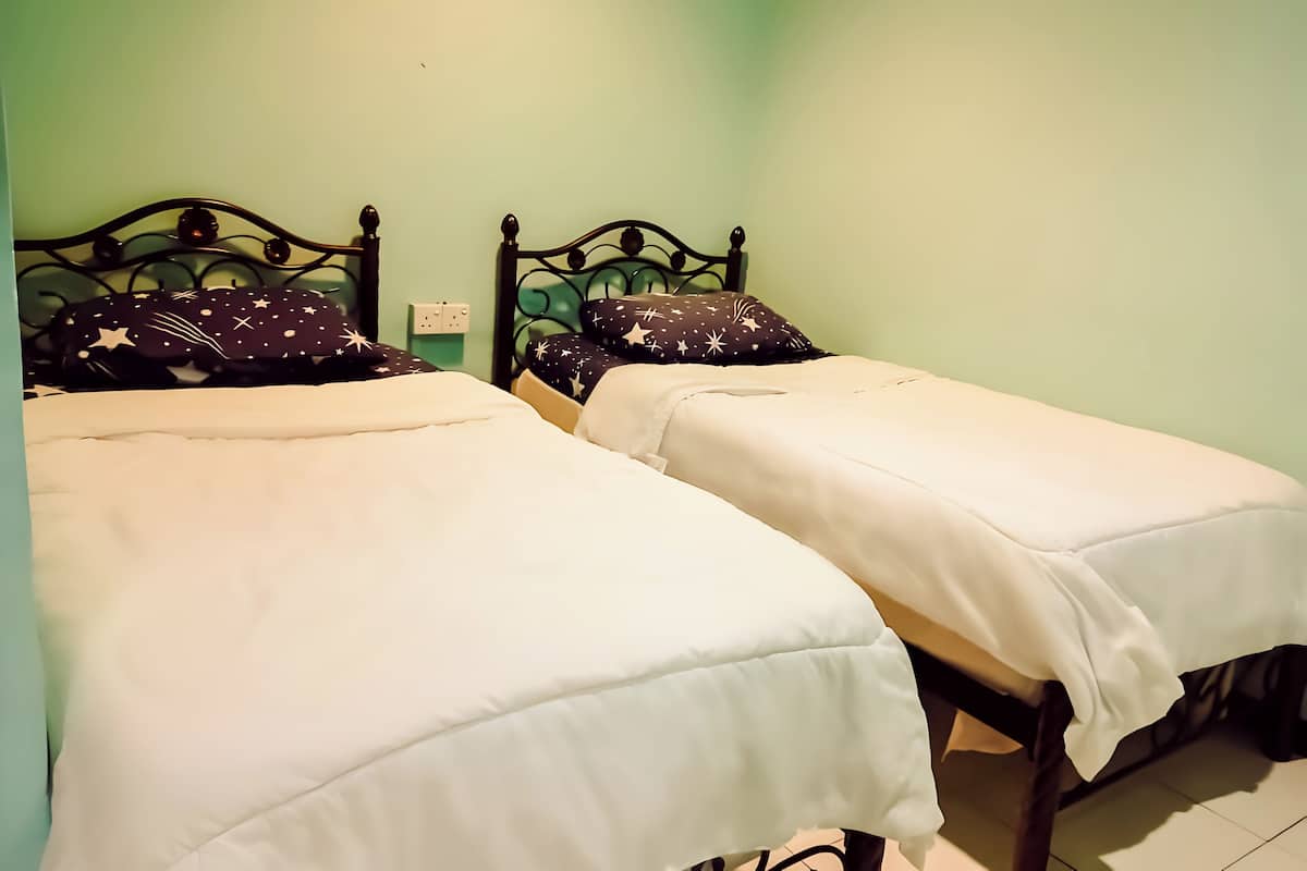 Zwei Einzelbetten mit Sternenmustern Kissen und weißen Bettdecken in einem Zimmer mit grünen Wänden.