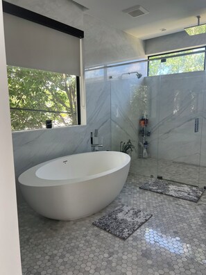 Hair dryer, towels, soap, toilet paper