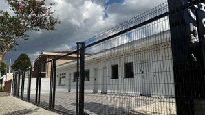 Un edificio con una recinzione in metallo, un'area pavimentata e un albero con fiori rosa.