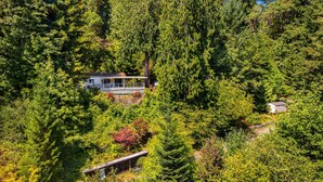 Una cabaña rodeada de un bosque frondoso, con una terraza visible y un cobertizo cercano.