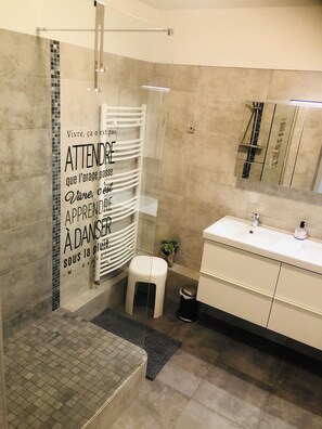 Hair dryer, towels, soap, toilet paper