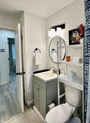 Shower, hair dryer, towels, shampoo