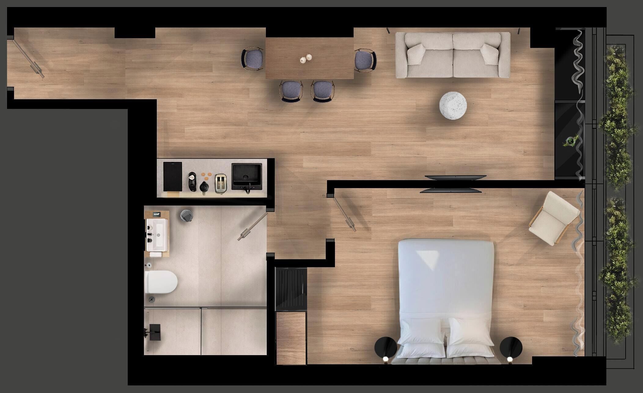 Et moderne hotelværelse med seng, siddeområde, tekøkken og et lille badeværelse.