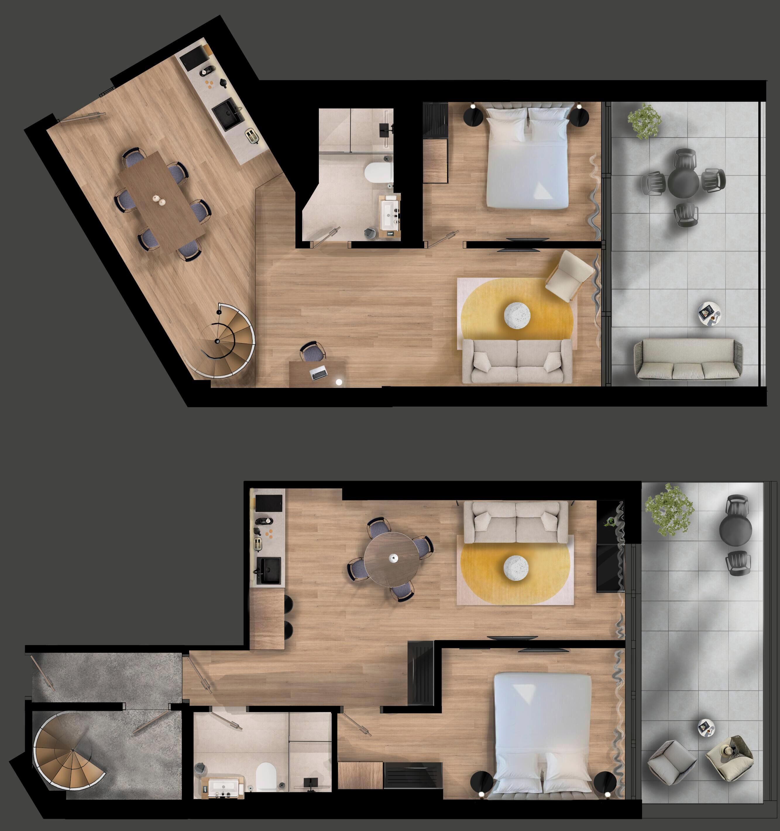 Ein Hotelgrundriss mit Essbereich, Wohnzimmer, Schlafzimmer und Badezimmer.