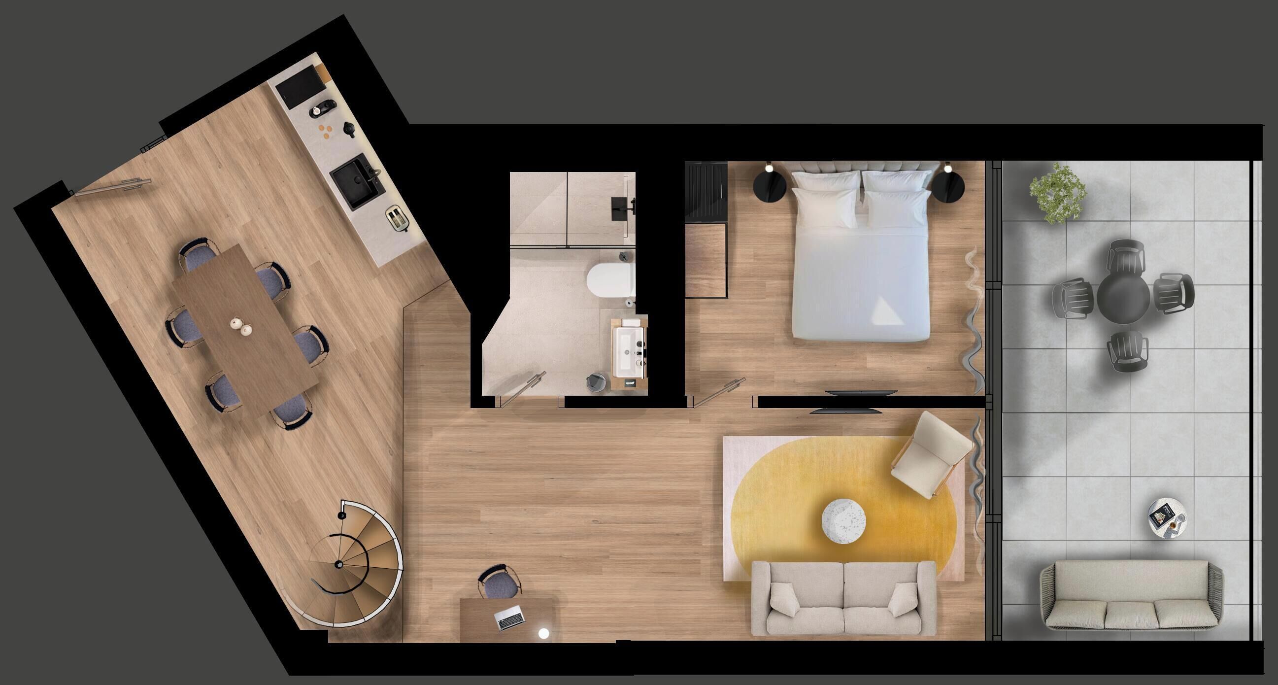 En hotellrumslayout med en säng, soffa, matbord, köksdel och badrum.
